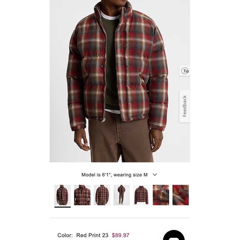 EXPRESS Plaid Puffer Jacket coat Red Brown Grey Full Zip Mock Neck Men's Medium‎
